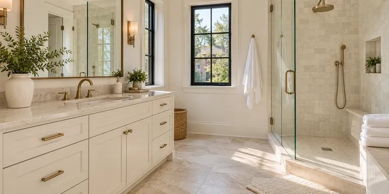 Fresh white bathroom with a glass shower and warm brass details