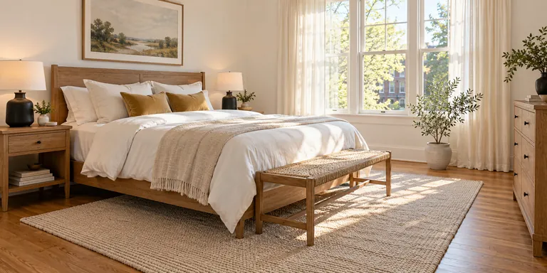 Tidy bedroom with white linen, an oak bed and warm gold cushions