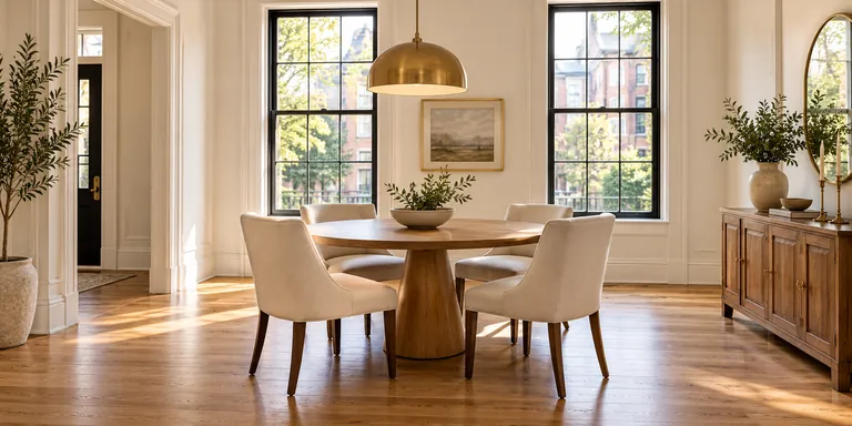 Bright dining and common area with an oak table and ivory chairs