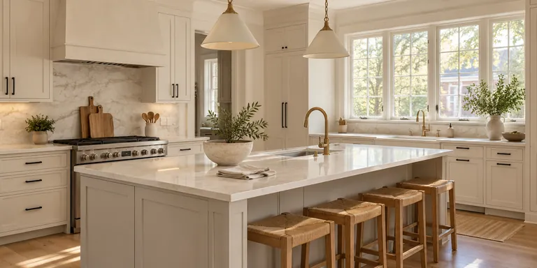 Bright, clean kitchen with ivory cabinets and natural light