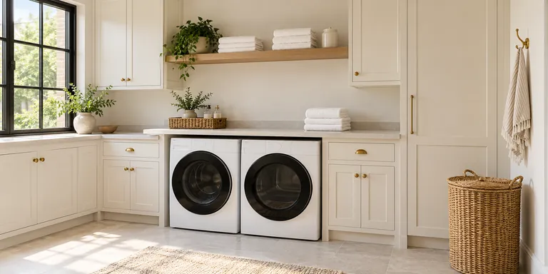 Tidy laundry room with ivory cabinets, oak shelves and neatly folded white towels