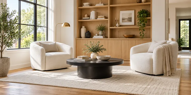 Clean living room with ivory armchairs, a black coffee table and warm oak shelving